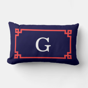Coussin Rectangle Navy, Cadre Monogramme Initiale grec clé Corail Ro