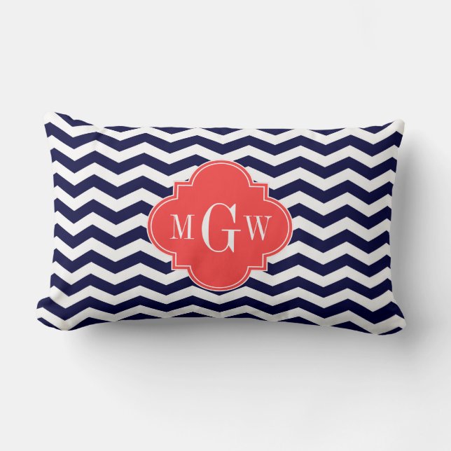 Coussin Rectangle Navy Chevron Corail Rouge Quatrefoil 3 Monogram Tn (Recto)