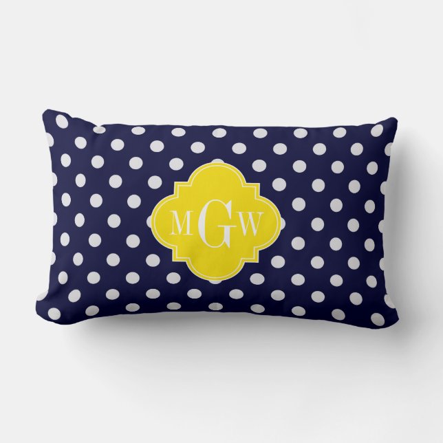 Coussin Rectangle Navy White Polka Dots Yellow Quatrefoil 3 monogram (Recto)