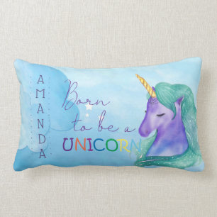 Coussin Rectangle NÉ POUR ÊTRE UN LICORNE Mignon Nom aquarelle bleue