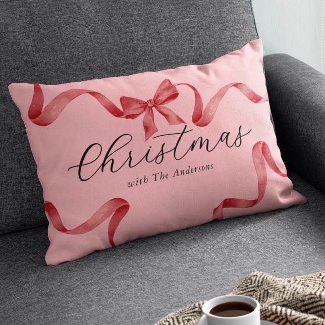 Coussin Rectangle Noël de la famille Bow rouge rose (Créateur téléchargé)
