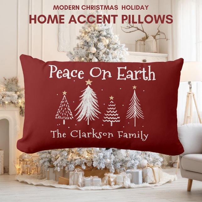 Coussin Rectangle Noël Moderne - Nom de la Famille - Paix sur Terre  (Modern Christmas Holiday - Family Name - Peace On Earth Lumbar Pillow)