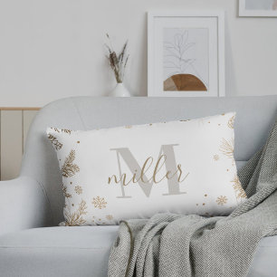 Coussin Rectangle Noël Monogramme de Nom de Famille Pins Dorés