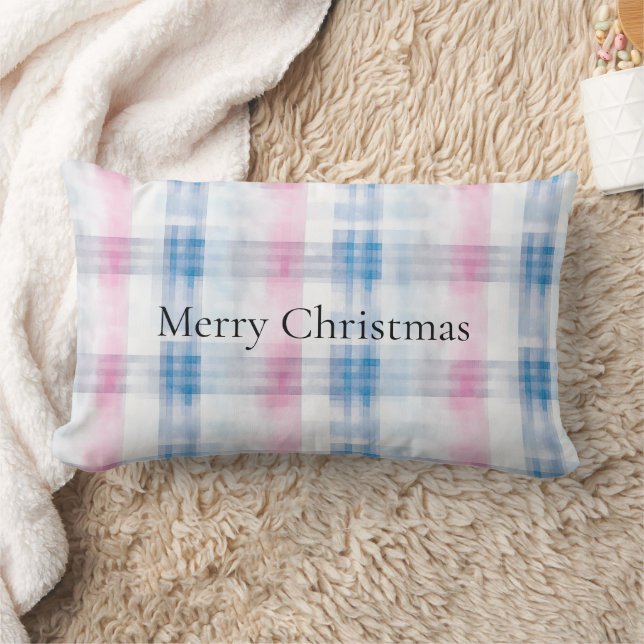 Coussin Rectangle Noël Rayures Carreaux Rose Bleu Blanc (Couverture)