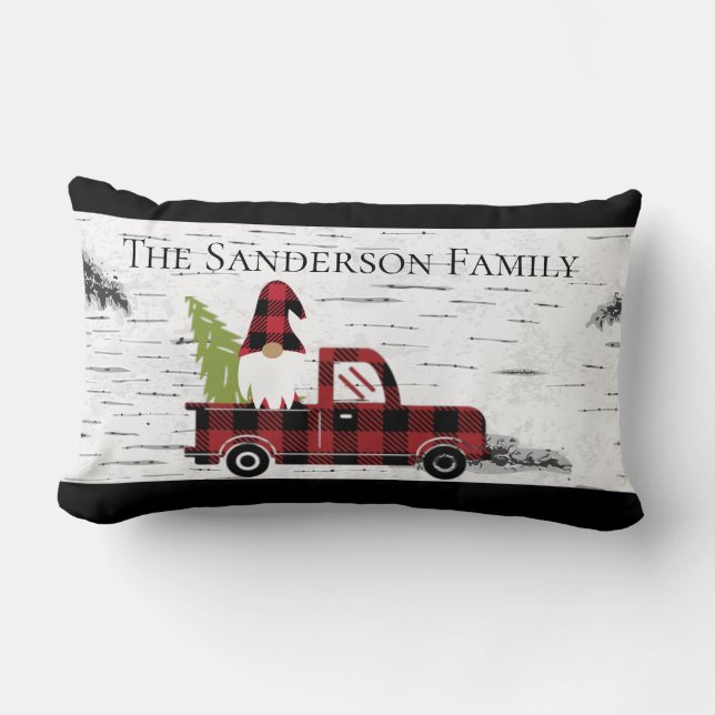 Coussin Rectangle Noel rustique Gnome Rouge Camion Buffalo Plaid Lum (Recto)