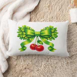Coussin Rectangle Nœud de trèfle chanceux avec cerises motif vert