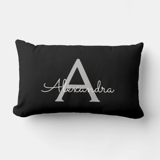 Coussin Rectangle Noir Argent moderne Script Girl Monogramme Nom (Recto)