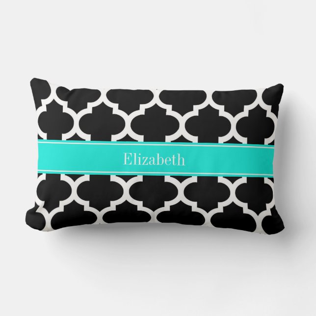 Coussin Rectangle Noir Blanc Marocain #5 Brt Aqua Nom Monogramme (Recto)