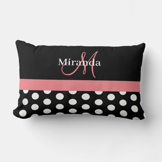 Coussin Rectangle Noir blanc Monogramme rose Polka (Recto)
