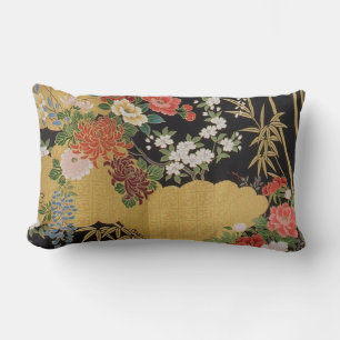 Coussin Rectangle Noir et or traditionnel japonais Kimono floral