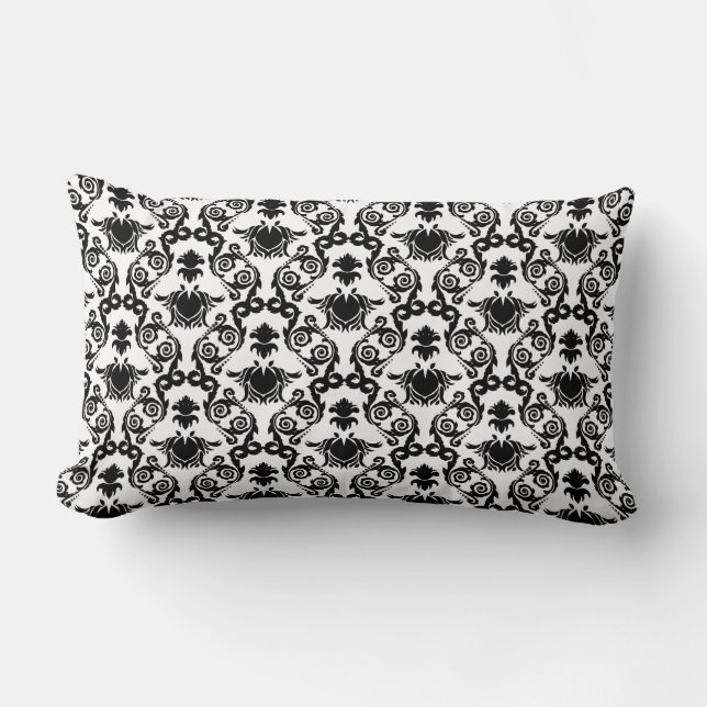 Coussin Rectangle Noir sur le motif blanc de damassé de tulipe (Recto)