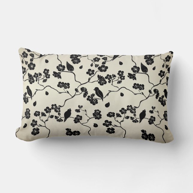 Coussin Rectangle Noir sur les oiseaux Motifs de bronze et fleurs de (Recto)