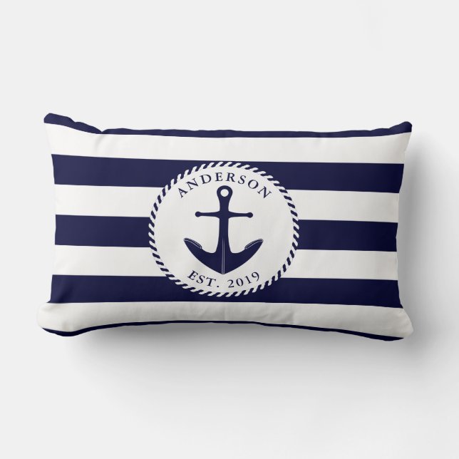 Coussin Rectangle Nom de famille Ancre Marine marine bleu et blanc (Recto)
