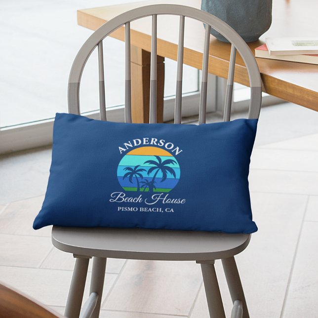 Coussin Rectangle Nom de famille Beach House Sun Palm Trees Blue (Customize to change text size, style or background color.)