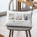 Coussin Rectangle Nom de famille Calligraphie Photo personnalisée Co<br><div class="desc">Coussin avec 3 photos carrés disposées côte à côte sur l'avant et l'arrière, ce qui en fait 6 photos au total que vous pouvez remplacer par vos propres photos contre un arrière - plan blanc. Vous pouvez également ajouter votre nom de famille dans une police de calligraphie stylisée et l'année...</div>
