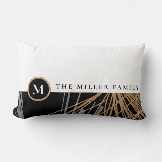 Coussin Rectangle Nom de famille Monogramme | Rubans noir blanc et o (Recto)