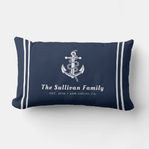 Coussin Rectangle Nom de famille nautique personnalisé bleu marine p