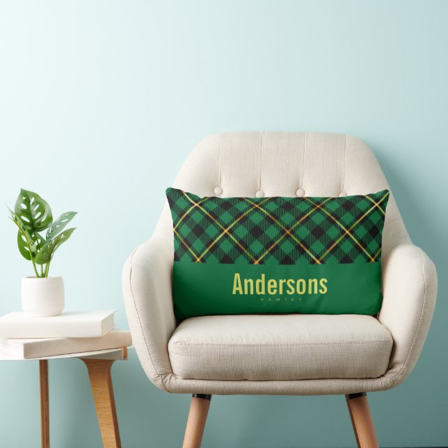 Coussin Rectangle Nom de famille personnalisé Plaid de buffle vert  (Chaise)