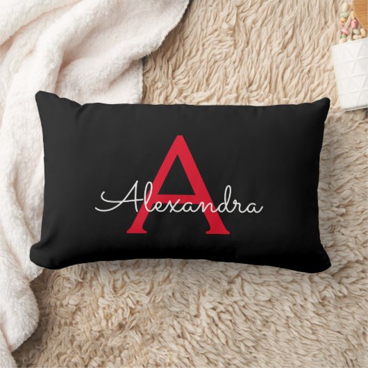 Coussin Rectangle Nom du monogramme rouge noir de la fille (Couverture)