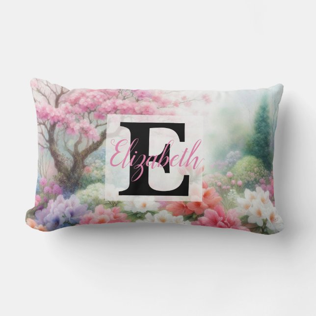 Coussin Rectangle Nom du monogramme sur l'aquarelle Fleurs en pastel (Recto)