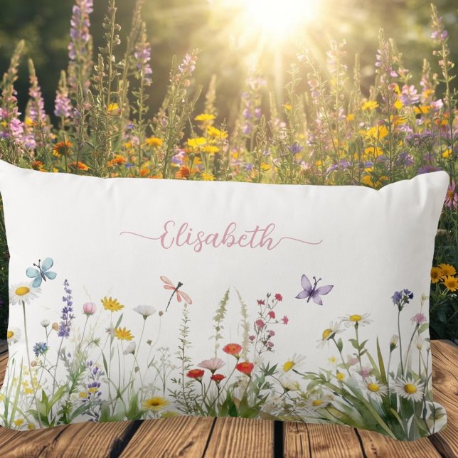 Coussin Rectangle Nom du script rose fleur sauvage (Wildflowers Pink Script Name Lumbar Pillow)