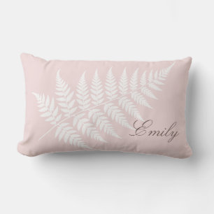 Coussin Rectangle Nom élégant écriture rose pâle fougère blanche
