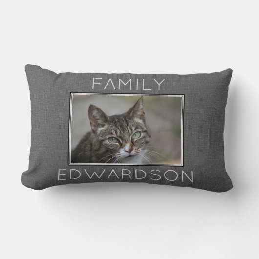 Coussin Rectangle Nom gris de monogramme de famille de toile de jute (Recto)