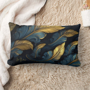 Coussin Rectangle Nom personnalisé Bleu - Feuilles d'or