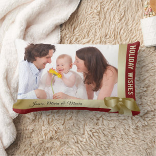 Coussin Rectangle Nom personnalisé & Photo Fête Rouge, Ruban doré