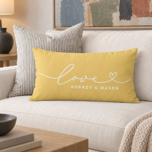 Coussin Rectangle Noms de couple Cœur d'Amour Jaune Doré Gras