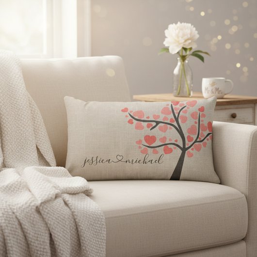 Coussin Rectangle Noms de couple d'arbre d'amour romantique rustique