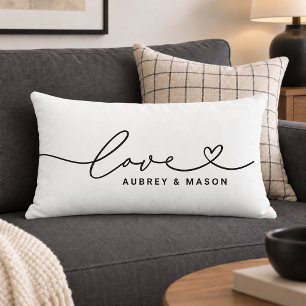 Coussin Rectangle Noms de couple de script de cœur d'amour blanc cla