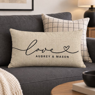 Coussin Rectangle Noms de couple en écriture cœur d'amour en lin rus