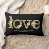 Coussin Rectangle Noms de mariage à l'aquarelle florale noir or (Couverture)