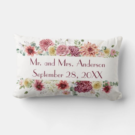 Coussin Rectangle Noms personnalisés de fleurs blanches roses Date d (Verso)