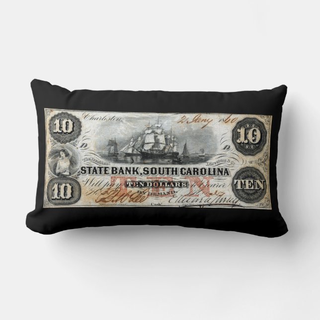Coussin Rectangle Note de dix dollars de 1860 en Caroline du Sud (Recto)