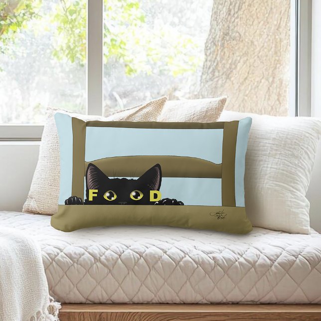 Coussin Rectangle Nourriture pour chat noir humour drôle chat affamé (Créateur téléchargé)