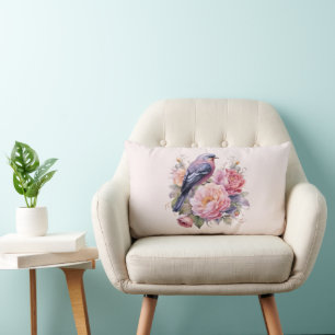 Coussin Rectangle Oiseau chanteur perché sur des pivoines roses