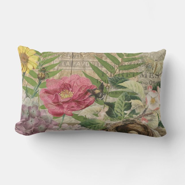 Coussin Rectangle Oiseau Nid Floral Jardin Fleur Papillon Art (Recto)