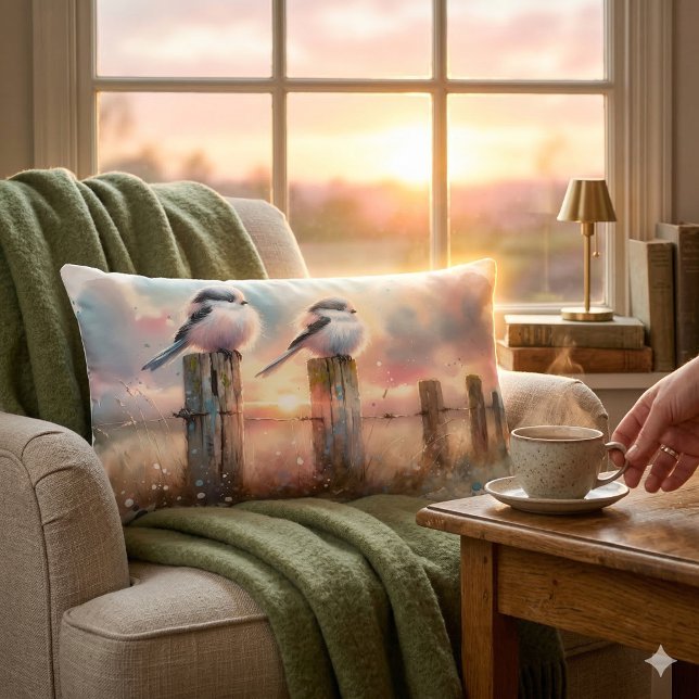 Coussin Rectangle Oiseaux à l'aquarelle pastel sur une clôture au co (Pastel Watercolor Birds Fencepost Sunset Lumbar Pillow Mockup A)