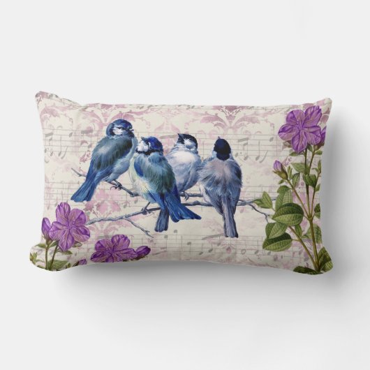 Coussin Rectangle Oiseaux bleus vintage, fleurs violettes, musique l (Recto)
