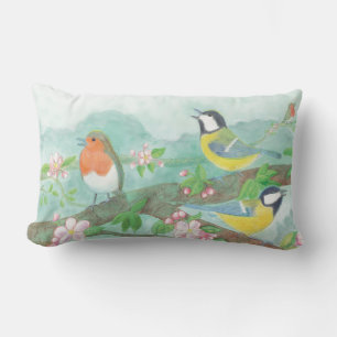 Coussin Rectangle Oiseaux chantant sur une branche d'arbre en fleurs