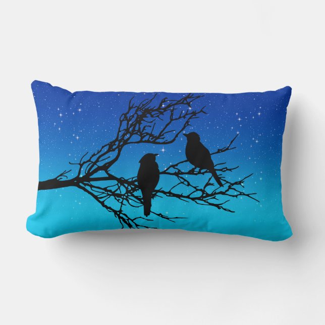Coussin Rectangle Oiseaux sur une branche, Noir contre Bleu du soir (Recto)