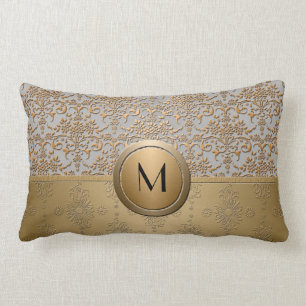 Coussin Rectangle Or et Argent Simulé Élégant Monogramme Damassé