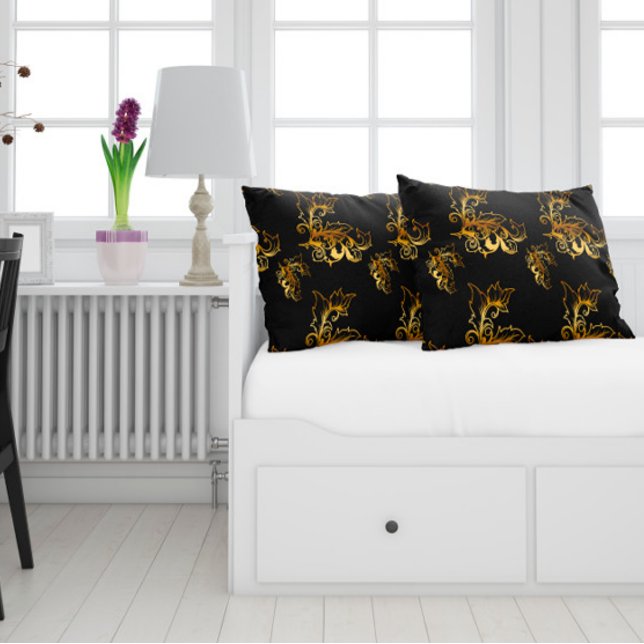 Coussin Rectangle Or fleurit sur Noir (Créateur téléchargé)