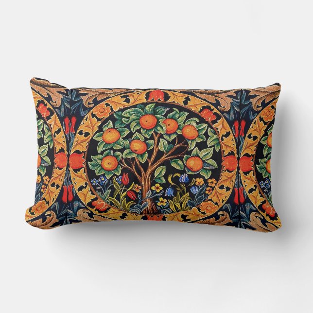 COUSSIN RECTANGLE ORANGE ARBRE AVEC FEUILLES VERTS, FLEURS (Recto)