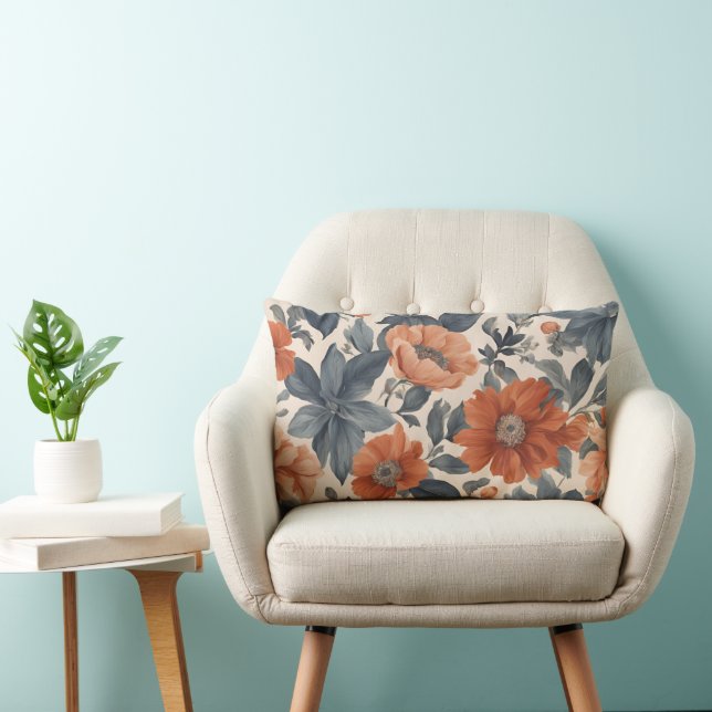 Coussin Rectangle Orange brûlé et floral bleu fumé (Chaise)