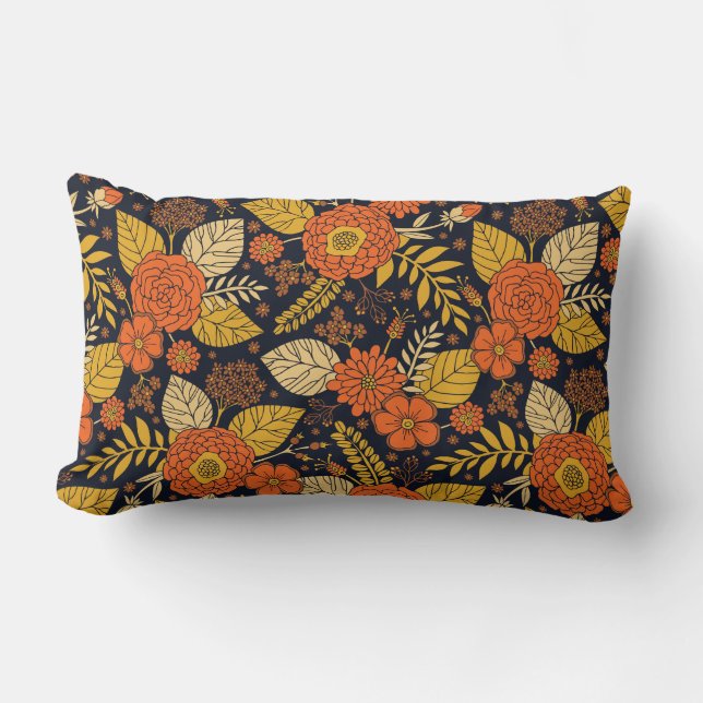 Coussin Rectangle Orange rétro, Jaune & Marine Floral  (Recto)