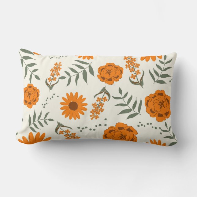 Coussin Rectangle Orange Terracotta Floral Boho Botanique (Recto)