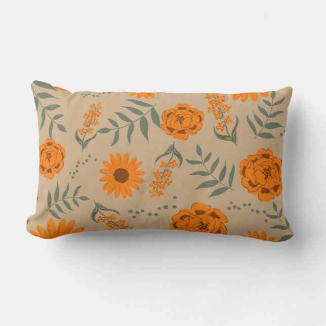 Coussin Rectangle Orange Terracotta Floral Boho Botanique (Recto)